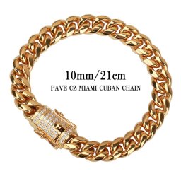 ステンレス 幅10mm 金 ゴールド 喜平ブレスレット ブリンブリン 差し込み式 二重ロック 喜平チェーンブレスレット 21cm パヴェCZダイヤ HIPHOP ヒップホップ 父の日