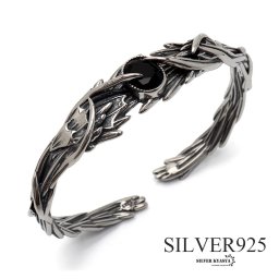 シルバー925 オニキスバングル メンズ 腕輪 一粒 シルバーバングル 銀 silver フェザーバングル アンティーク 燻し 金属アレルギー対応 ブレスレット 男性