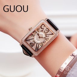 『 時計のプレゼントを贈る 』GUOU 腕時計 時計 レディース 女性用 ウォッチ 革ベルト アクセサリー ラッピング無料 送料無料 かわいい おしゃれ ゴールド ブレスレット 長方形 イベント カジュアル 通勤 通学 ダイヤモンド長方形 8201