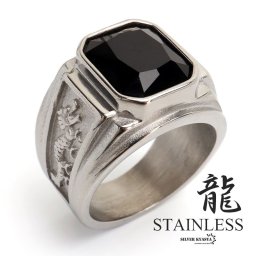 ステンレス ドラゴンリング カレッジリング ブラック オニキスリング シルバー つや消し 龍 印台リング 重厚感 ごつめリング メンズ 指輪 男性 金属アレルギー対応