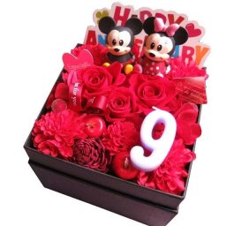 6周年 お祝い ミッキー ミニー他 おまかせマスコット入り 花束風 ご希望数字入りプレゼント 箱を開けてサプライズ ボックス 赤バラ プリザーブドフラワー入り