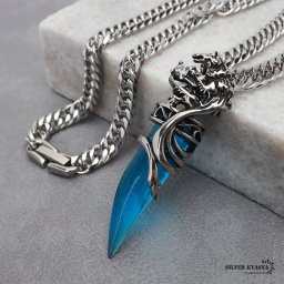 ステンレス ウルフファングネックレス シルバー ブルー ダブル喜平チェーンネックレス 幅6mm 長さ50cm 60cm 狼 牙 中折式 メンズ 男性 お洒落 人気 トレンド 流行り 金属アレルギー対応 ペンダント