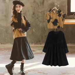 キッズ　ワンピース 韓国風　セットアップ　セパレート　上下セット　ベロア　韓国ファッション お出かけ 秋冬  女の子 おしゃれ  子ども服 ガール  女の子服   膝丈　ブラック　ブラウン　110 120 130 140 150 160