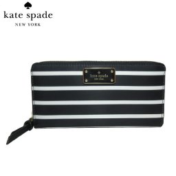 ケイト・スペード アウトレット kate spade 財布 WLRU5208 neda / wilson road french stripe ナイロン ボーダー 柄 ラウンドファスナー 長財布 blackmulti(098):ブラック×オフホワイト系