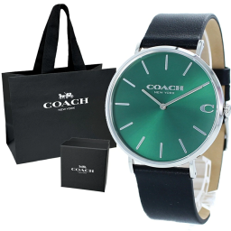 ブランド 紙袋 ショッパー付き COACH コーチ 時計 メンズ 父の日 腕時計 手表 CHARLES チャールズ シルバー グリーン ブラック レザー 革ベルト シンプル 14602436 ビジネス 男性 ブランド 誕生日 プレゼント ギフト 成人 卒業 入学