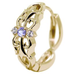 18金 フープピアス メンズ 片耳 クロス タンザナイト ピアス 18k 十字架 透かし 中折れ式 12月誕生石