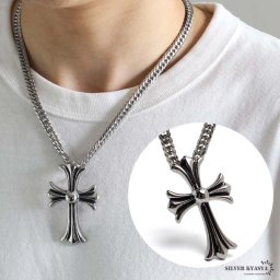 ステンレス クロスネックレス 大ぶり 十字架 ペンダント シルバー ダブル喜平ネックレス 立体的 50cm 60cm ごつめ 燻し風 メンズ 男性 金属アレルギー対応