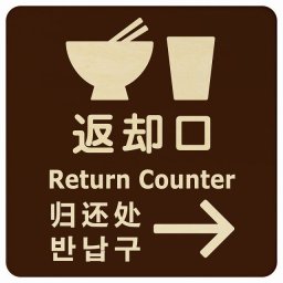 14x14cm 返却口 皿 カップ イラスト入り 多言語 英語 中国語 韓国語 対応 ブラウン 右矢印 木製プレート 正方形 商業施設 飲食店 旅館 ホテル レンタル イベント表示 場所 掲示 案内板 ピクトサイン