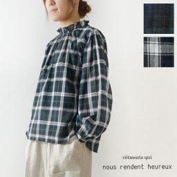 【nous rendent heureux ヌーランド オロー】タータンチェック 衿フリルギャザー ブラウス (821032)レディース シャツ 長袖 日本製 春 夏 slone square スロンスクエア 服 ナチュラル おしゃれ ナチュラン 30代 40代 50代 母の日