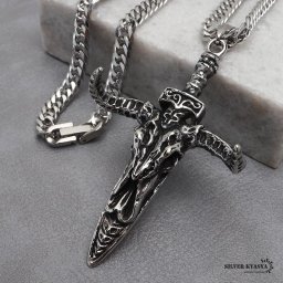 ステンレス ソードネックレス バッファロースカル シルバー ダブル喜平チェーンネックレス 幅6mm 長さ50cm 60cm ホラー 骨 剣 中折式 メンズ 男性 お洒落 人気 トレンド 流行り 金属アレルギー対応 ペンダント