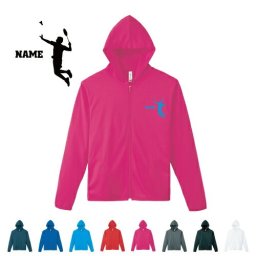 バドミントン/名入れドライジップパーカー お名前入り オリジナル セミオーダーメイド ロングスリーブ チームTシャツ クラブＴシャツ サークル100 紫外線防止 吸水速乾  スポーツウェア フィットネスウェア ダイエット ジョギング 有酸素運動
