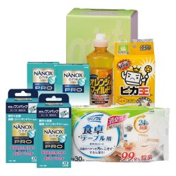 実りの秋の贈り物 クリーンランドリー&キッチンセット ライオンNANOX one PRO（10g×6袋）･ライオンNANOX one PRO（10g×2袋）×各2、オレンジマイルドコンパクト（270ml）･ワコーピカ王（レギュラー）･クリンクル食卓テーブル用シート30枚入