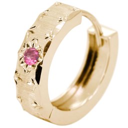 18金 フープピアス 18k ピアス 片耳 フープ メンズ ゴールド ピンクトルマリン 中折れ式 彫り 小さめ かっこいい 父の日 2024
