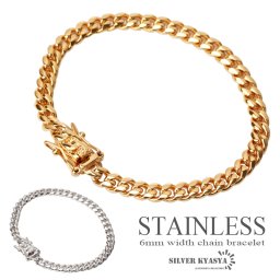 幅6mm 喜平ブレスレット メンズ ステンレス 2重ロック 差し込み式 喜平チェーン 18K ゴールド 細身 金属アレルギー対応 19cm 男性