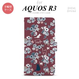 SH-04L/SHV44 AQUOS R3 手帳型スマホケース カバー 猫 花 紫  nk-004s-r3-dr1722