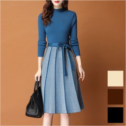 ニットワンピース ロング 長袖 通販 フォーマル Aライン ニット ワンピース マキシ丈 リボン ストライプ きれいめ フェミニン レディース 秋 冬 上品 おしゃれ 30代 40代