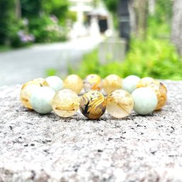 【開運ギフト】 高級感あふれる［人生の成功と繁栄をもたらす数珠］12mm 金彫四神獣 ドラゴンアゲート 本翡翠 ジェダイド タイチンルチルクォーツ ブレスレット 相性抜群 5月 誕生石 天然石 金運 開運 誕生石 京海堂 SiSin35 事業成功祈願 仕事運 特別な一点物