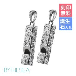 ハワイアンジュエリー ペアペンダントトップ 2個セット 刻印 無料 誕生石入れ可 ホイッスル スクエア四角 笛 本当に鳴る シルバー925 ネックレス チェーン別売 ペンダントヘッド BY THE SEA バイザシー カップル 夫婦 プレゼント 夏 サマー 【品番：SP318P】