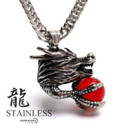 ドラゴンネックレス ステンレス レッドストーン クロウ 龍ネックレス ペンダント シルバー ダブル喜平チェーン 重厚感 メンズ 男性 金属アレルギー対応