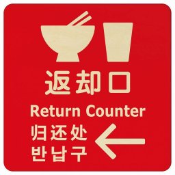 14x14cm 返却口 皿 カップ イラスト入り 多言語 英語 中国語 韓国語 対応 レッド 左矢印 木製プレート 正方形 商業施設 飲食店 旅館 ホテル レンタル イベント表示 場所 掲示 案内板 ピクトサイン