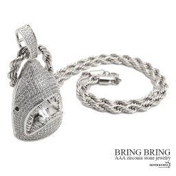 シャークネックレス ブリンブリン サメ 鮫 パヴェ CZ AAA 18k wg GP silver ペンダント トップ キュービックジルコニア ロープチェーン HIPHOP系 B系 ストリート ラップ ダンス シルバー 銀 メンズ 男性