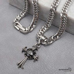 ステンレス クロスネックレス シルバー ダブル喜平チェーンネックレス 幅6mm 長さ50cm 60cm ストーン ゴシック オニキス 中折式 メンズ 男性 お洒落 人気 トレンド 流行り 金属アレルギー対応 ペンダント