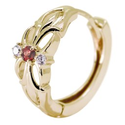 フープピアス 18k メンズ 片耳 ピアス 18金 百合の紋章 ガーネット メンズピアス 透かし 1月誕生石