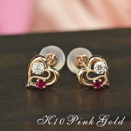 ルビー ハートピアス キュービックジルコニア ピアス 10金 両耳用 ピンクゴールドピアス 7月 誕生石  スタッドピアス 送料無料 レディース 誕生日プレゼント 女性用 彼女 即納 激安 金属アレルギー 安心 結婚式 お呼ばれ