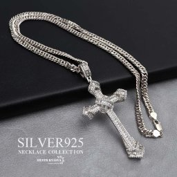 シルバー925 クロスネックレス ブリンブリンネックレス ダブル喜平チェーンネックレス 細め クリアストーン HIPHOP B系 十字架 メンズ 男性 お洒落 人気 トレンド 流行り 金属アレルギー対応 父の日 ペンダント