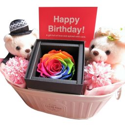 誕生日プレゼント 彼女 ウェデイングベアー入り 花 ダイヤモンド レインボーローズ入り プリザーブドフラワー入り