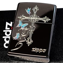 ZIPPO バタフライ クロス ブラックニッケル ジッポ ライター 蝶 十字架 かわいい 黒 女性 おしゃれ レディース ギフト プレゼント