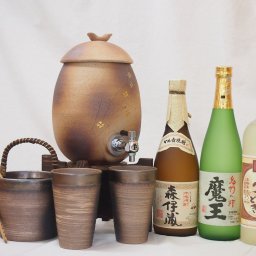 信楽焼・明山窯　焼酎サーバー　火色金小紋　2200ｃｃ(滋賀県)+萬古焼・備前金彩焼酎ペアカップ 氷入れ(三重県)+芋焼酎 森伊蔵 魔王 夢のひととき 720ｍｌ