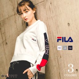 FILA フィラ 袖切替ショートトレーナー<br>レディース ブランド トップス スウェット<br>プルオーバー 春 秋 冬 服 ロゴ 人気 プレゼント<br>長袖 おしゃれ ホワイト ネイビー グレー ストリート outfit 敬老の日 プレゼント ギフト