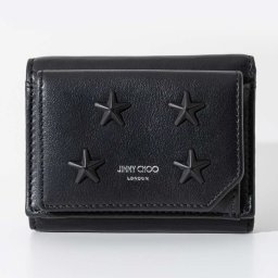 ジミーチュウ JIMMY CHOO BEALE OAJ 三つ折り財布 ビアーレ 財布 メンズ プレゼント ミニ財布 スタースタッズ レザー 本革 ロゴ カード入れ コンパクトウォレット 小銭入れ ギフト ブランド お祝い 記念 ブラック×ガンメタル