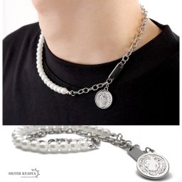 ネックレス メンズ パールネックレス コイン ストリート silver 銀色 金属 シンプル 父の日 男性
