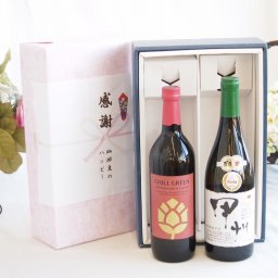 実りの秋の贈り物 感謝の贈り物ボックス マーガオの柑橘香麦焼酎と国産ワインセット(柑橘香 穂坂甲州 白ワイン 辛口(山梨県)720ml濱田酒造 麦焼酎 チルグリーン ビター＆トロピカル(長崎県) 750ml