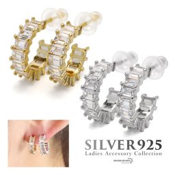 ピアス ハーフフープピアス ストーン レディース シルバー925 18KGP 18金 CZ スクエア パヴェ キラキラ シンプル ホワイト クリア ゴールド シルバー 白 両耳用 2点セット 金属アレルギー対応 イヤリング 女性