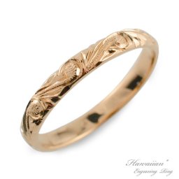 k18 リング ハワイアンジュエリー メンズ ピンクゴールドk18 シンプル ストレート 甲丸 地金リング 彫金 手彫り 18k 18金 3mm スクロール クリスマス