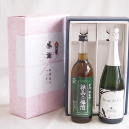 実りの秋の贈り物 感謝の贈り物ボックス 絶妙に融合した緑茶の梅酒と国産ワインセット(MdV オアシス3 白スパークリングワイン辛口(長野県)750ml和歌山県中野BC緑茶の梅酒12度 720ml