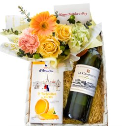 【クール便でお届け】敬老の日 ～お花とワインとスイーツを送れるギフト～【フラワーアレンジメント＋ワイン＋タルトクッキー】フランス ボルドー 白ワイン 750ml 辛口 生花 アレンジメント 黄色 オレンジ カーネーション バラ ガーベラ レモンタルト クッキー おしゃれ 詰め合わせ フラワーギフト プレゼント 誕生日 女性 男性 御祝 メッセージカード おじいちゃん おばあちゃん 送料無料