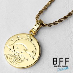 BFF ブランド コインネックレス ゴールド 18金 K18 GP gold 金色 ドルフィン イルカ ペア ハワイアンジュエリー ロープチェーン 彫金 手彫り 専用BOX付属