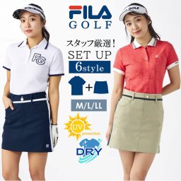 FILA GOLF フィラゴルフ セットアップ レディース トップス スカート 上下セット 吸汗速乾 UV 紫外線対策 ストレッチ 動きやすい 撥水 ゴルフウェア ミニスカート風 ひざ上 美脚効果 台形 スポーツ おしゃれ きれいめ 春 夏 白 黒 2025SS