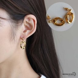 ステンレス素材 オーバルピアス 揺れる ドロップピアス 喜平チェーン スタッドピアス ゴールド gold 18K GP シンプル 金属アレルギー対応 両耳 イヤリング