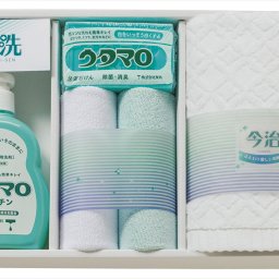 匠洗 ウタマロ石鹸・キッチン洗剤ギフト  ウタマロ石鹸133g、ウタマロキッチン洗剤300ml、マイクロファイバークロス250×250mm×2：ポリエステル80%・ナイロン20%、今治ウォッシュタオル280×300mm：綿100%