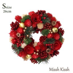 リース 赤 バラ まつぼっくり 花 Sサイズ Christmas Xmas Wreath- Red Wood Rolls & Needle S