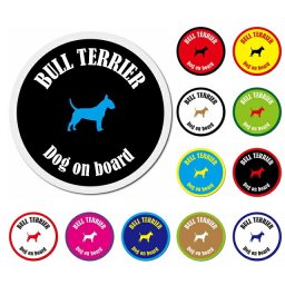 名入れ可 カラフル Dog on board ブルテリア 全12色 カーサイン 車 マグネットステッカー 犬 マグネット 強力 直径13cm 丸型 ドラレコステッカー 安全対策 危険運転 煽り運転 アニマル 動物 犬種別 屋外 防水 屋内
