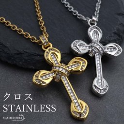 ステンレス クロスネックレス 十字架 ペンダントネックレス 小豆チェーンネックレス 細身 ストーン キラキラ ゴールド 18KGP シルバー メンズ 男性 金属アレルギー対応