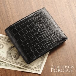 スモール クロコダイル 折り財布 マット 加工 センター取り 一枚革 ポロサス 無双 横幅11.5cm メンズ 保証書 付き 本革 ギフト プレゼント 4FA (06001063r)