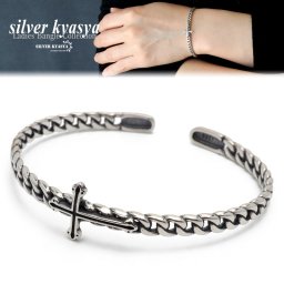 シルバー925 チェーンバングル クロス 十字架 細身 燻し ゴシック パンク レディース 女性 腕輪 金属アレルギー対応 ブレスレット