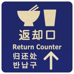 14x14cm 返却口 皿 カップ イラスト入り 多言語 英語 中国語 韓国語 対応 ブルー 上矢印 木製プレート 正方形 商業施設 飲食店 旅館 ホテル レンタル イベント表示 場所 掲示 案内板 ピクトサイン